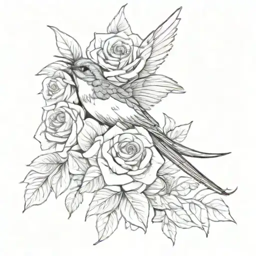 Swallow With Petals And Rose