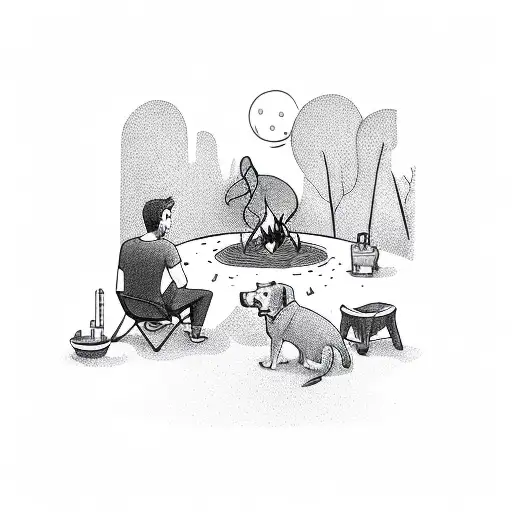 Man Sitting By Campfire With His Arm Around His Dog