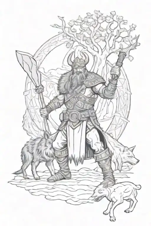 Viking With Axe Having A Stand Off With A Angry Feriocious Black Wolf In Front Of Yggdrasil