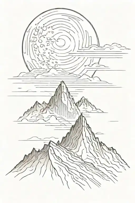Single Mountain And Moon Surrounded By Straight Vertical Lines