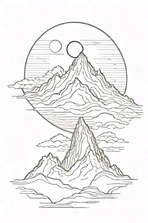 Single Mountain And Moon Surrounded By Straight Vertical Lines
