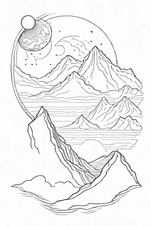 Single Mountain And Moon Surrounded By Straight Vertical Lines