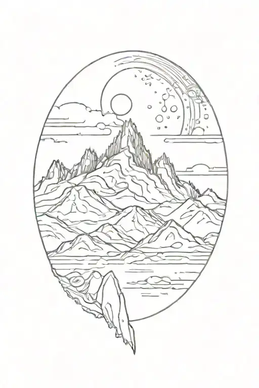 Single Mountain And Moon Surrounded By Straight Vertical Lines