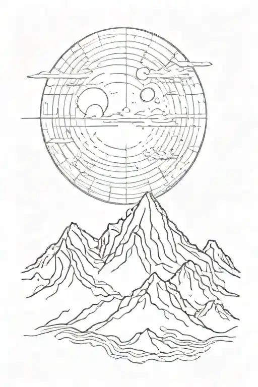 Single Mountain And Moon Surrounded By Straight Vertical Lines