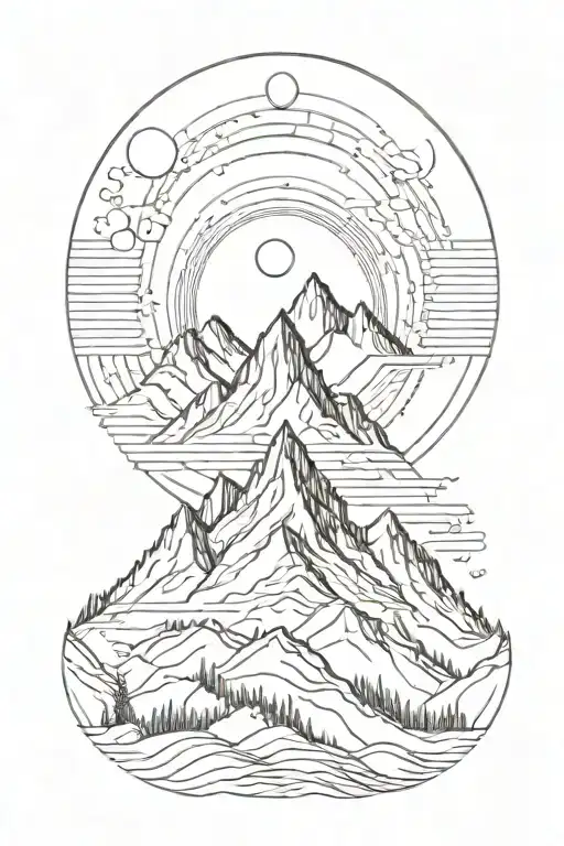 Single Mountain And Moon Surrounded By Straight Vertical Lines