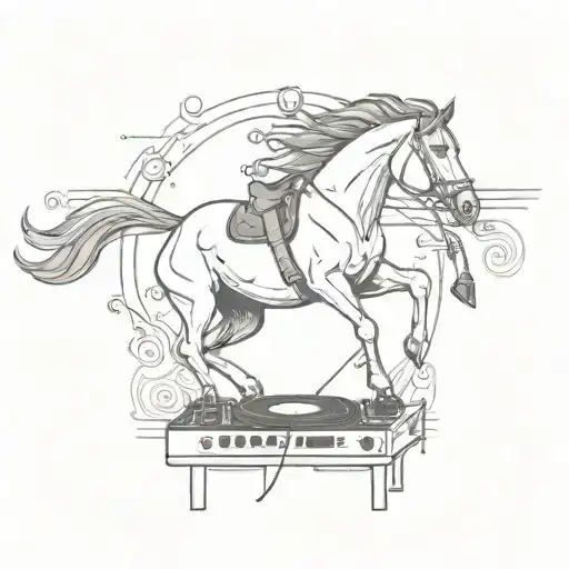 A Sketch Style Tattoo Of A Horse Djing At A Music Party