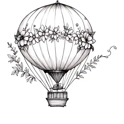 Hot Air Balloon Made With Flowers Fine Line