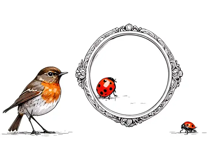 Robin Bird Looking In A Mirror Reflecting A Ladybug