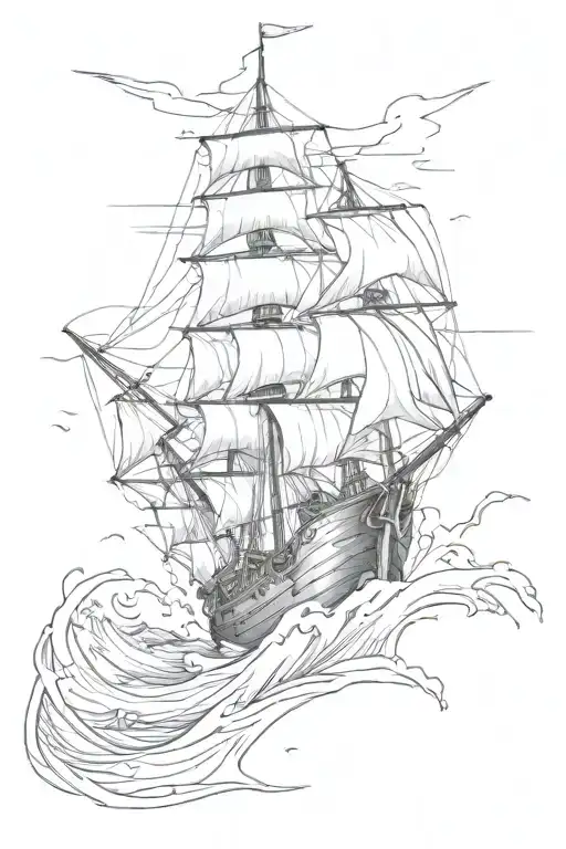 Ship With Ragged Sails In Rough Water