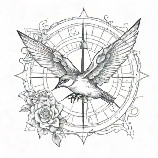 Old School Swallow With Compass Rose Intertwined