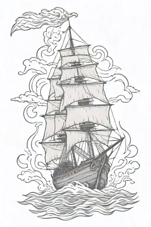 A Woodcut Style Tattoo With The Main Focus On A Medieval Ship On Fire On The Sea