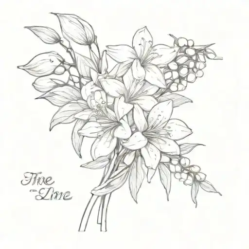 Fine Line Flat Lay Snowdrop And Cherry Blossom And Larkspur Bouquet