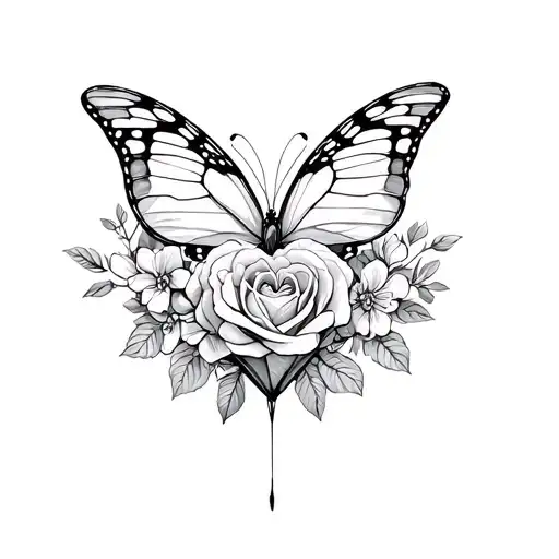 Butterfly Intertwined With Rose And Honeysuckle And Involving A Heart