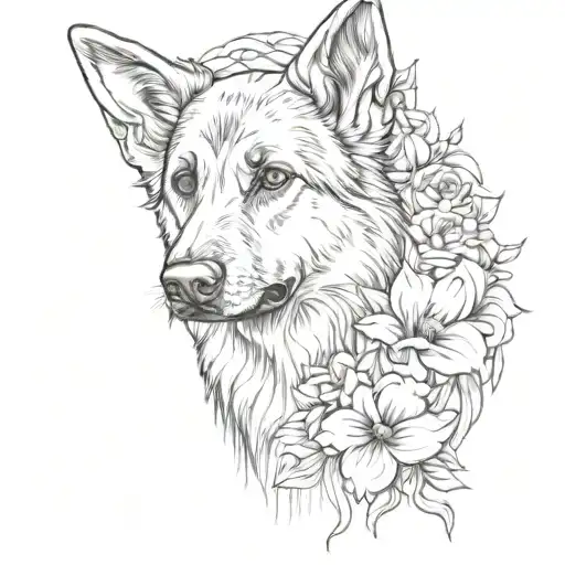 Half Face German Shepard And Half Flowers Intertwined