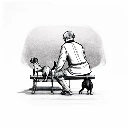 Old Man Sitting On Bench With A Dog At His Side