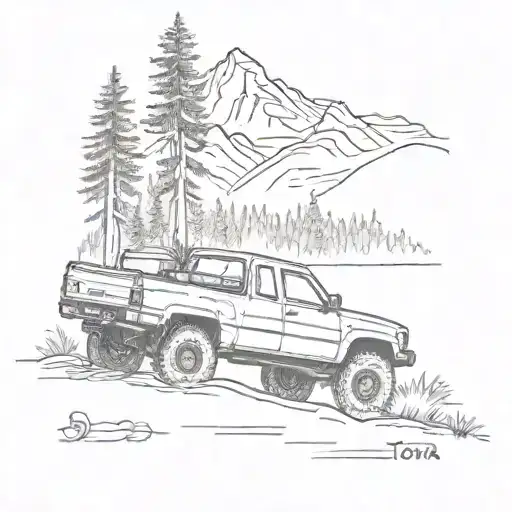 1990 Toyota Pickup With Trees And Mountains In The Background With A Compass In The Top Left Corner