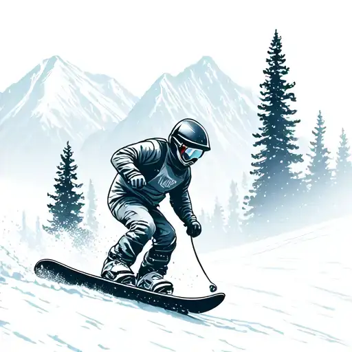 Snowboarder Riding Through A Forest With Mountain Peaks In The Background