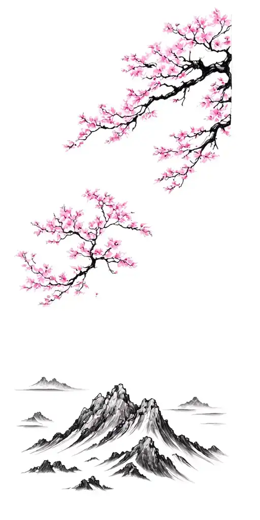 Mountain Landscape With Cherry Blossoms