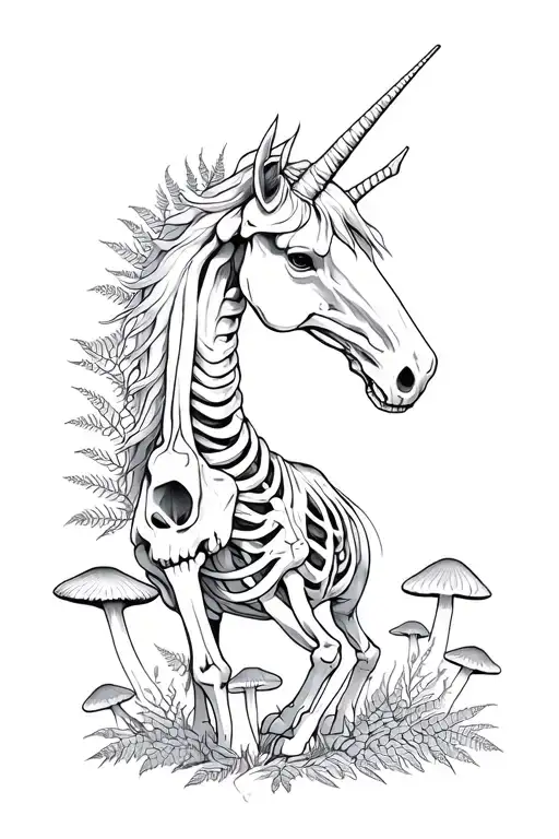 Unicorn Skeleton Oaked With Ferns Mushrooms Growing Around Him