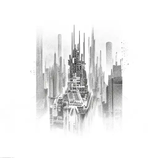 A Cyberpunk Cityscape With A Guitar As The Central Landmark