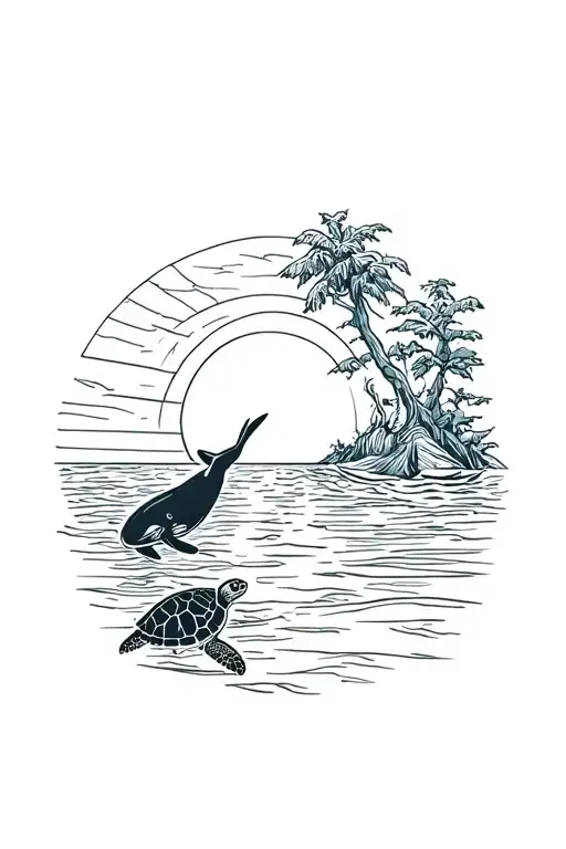Sunset On The Sea With A Sea Turtle And A Whale In Front Of A Traveler's Tree And A Straw-in-queue
