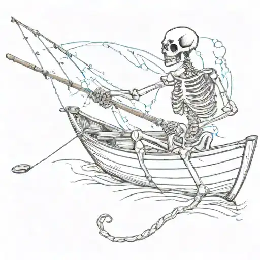 A Skeleton Holding A Fishing Rod On A Boat And Fishing