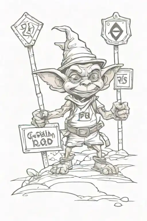 Cartoon Goblin Holding Road Sign Main Road