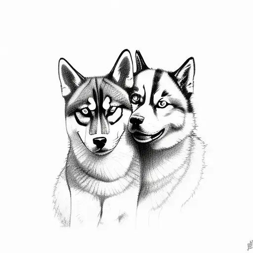 A Sketch-style Portrait Of A Cat And A Husky Cuddling Together