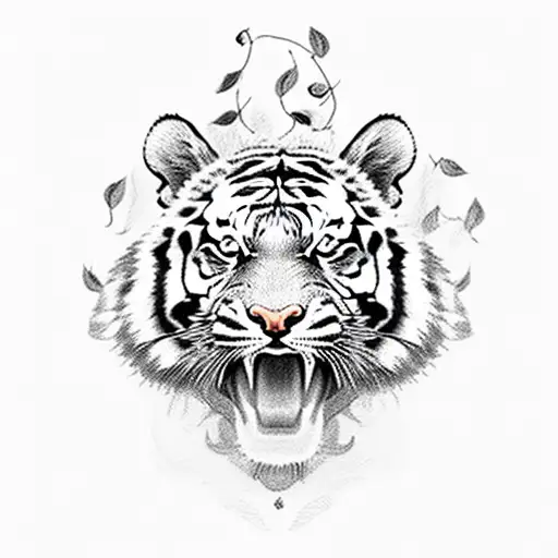 Tiger With Lilies And Roses