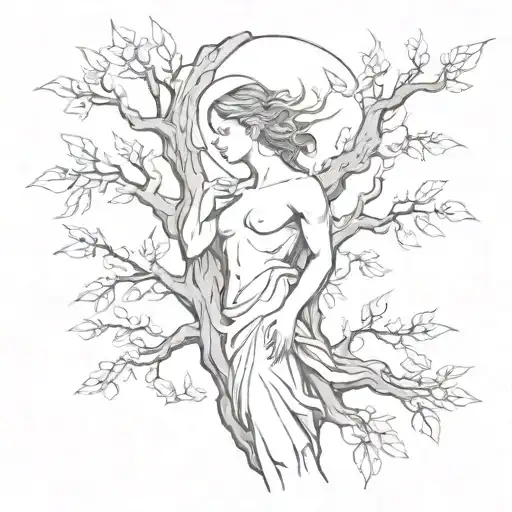 A Sketch Style Tattoo Of An Angelic Figure Embracing A Tree Symbolizing Growth And Wisdom