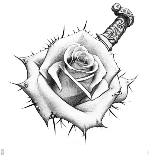 A Sword And Around The Handle Is Stems With Thorns And At The Base Is Rose Petals