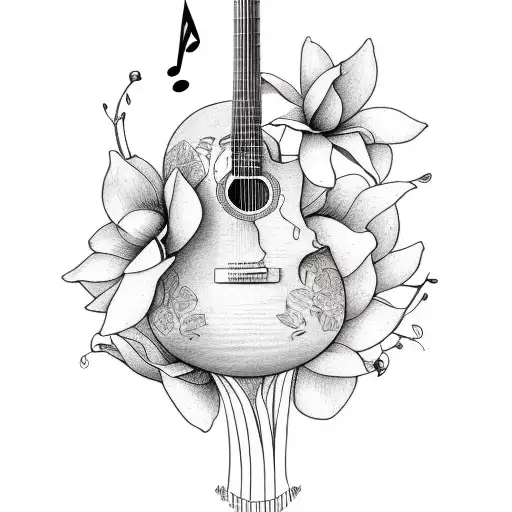 Guitar With Magnolia Flowers And Music Notes For Dad Tattoo