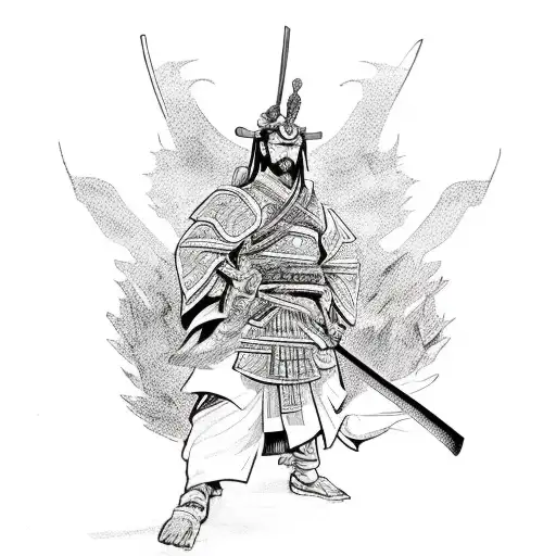 Samurai Holding Cerberus And Phoenix In The Background