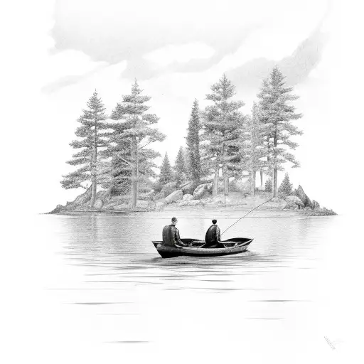 2 Men In Fishing Boat On A Lake With Cyprus Trees And White Cliff On Right Side