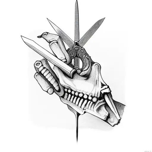 Skeleton Hand Holding Knife By Blade