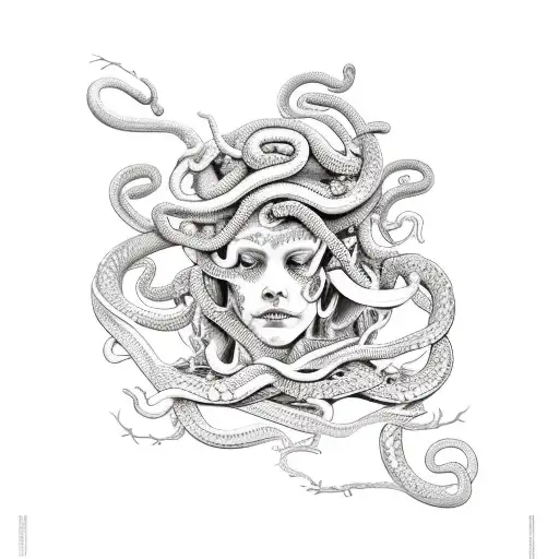 Full Arm Sleeve Of Medusa With 3 Snakes Bound By The Flowers Lily Of The Valley And Hawthorn