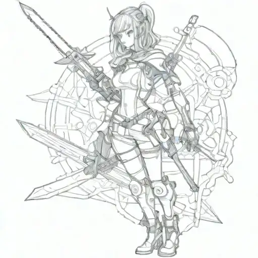 Manga Cyberpunk Girl Full Length With Two Swords Tattoo