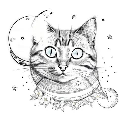 Cat With Moon And Flowers