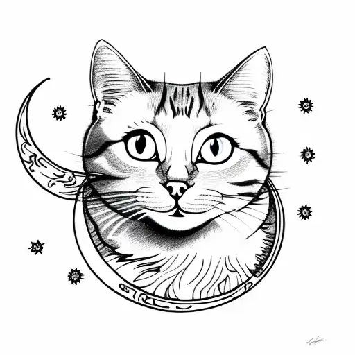 Cat With Moon And Flowers