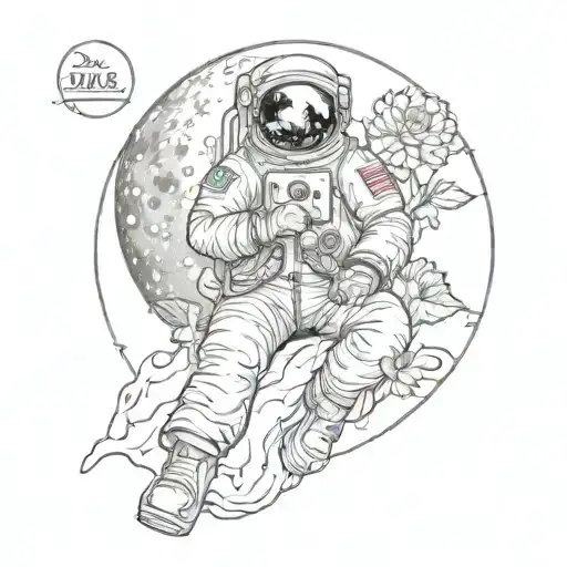 Tattoo Of An Astronaut In Profile Sitting On Top Of The Full Moon Looking At A Chrysanthemum