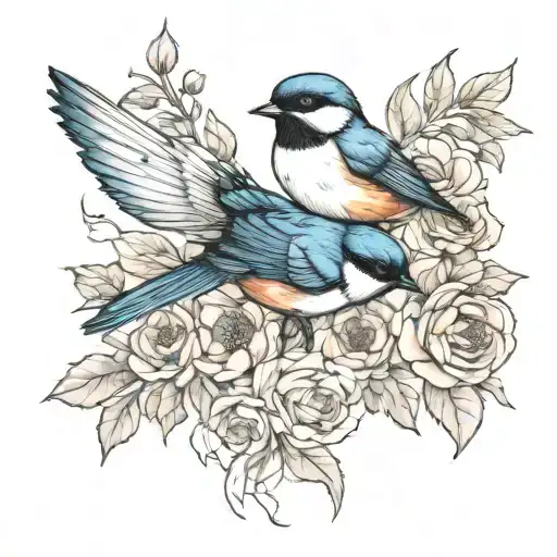 Swallow Bird Roses Intertwined Poppies Blooming Chickadee