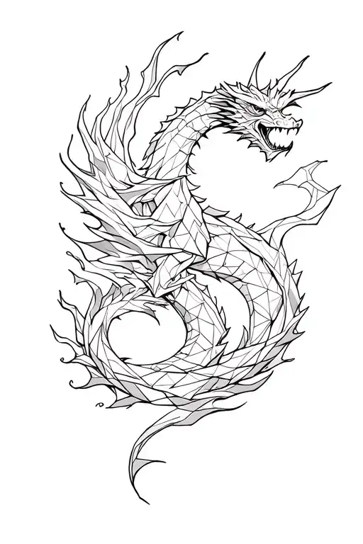 Geometric Tattoo Design Incorporating A Dragon Wrapped In Flames