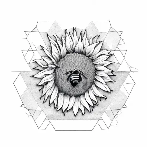 Bee Side Profile With Sunflower In A Big Hexagon