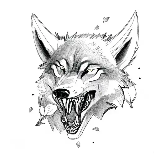 Angry Wolf Roaring With Flowers And Plants
