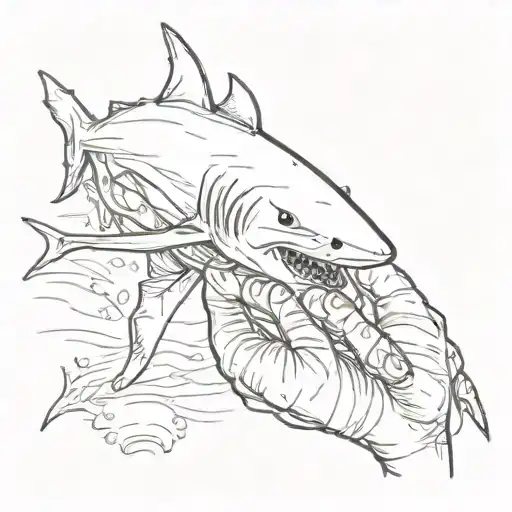 A Left Hand With Little Finger Missing With A Shark Hanging Off Biting It Off