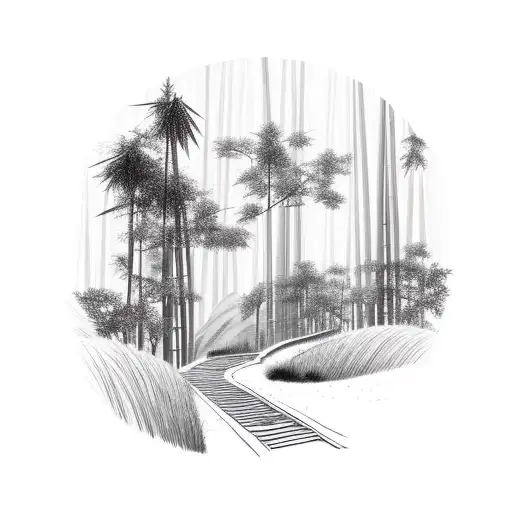 A Trail Leads Through The Bamboo Forest Into The Mountains