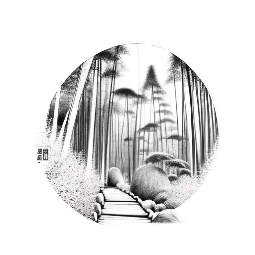 A Mossy Earth Trail Leads Through The Bamboo Forest Into The Mountains