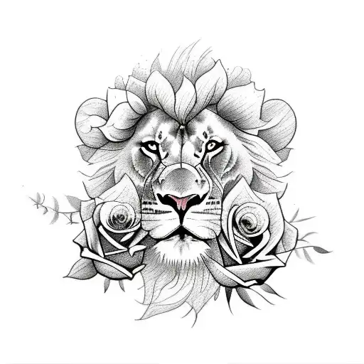 A Colored Tattoo Of A Lion With Roses And Other Flowers