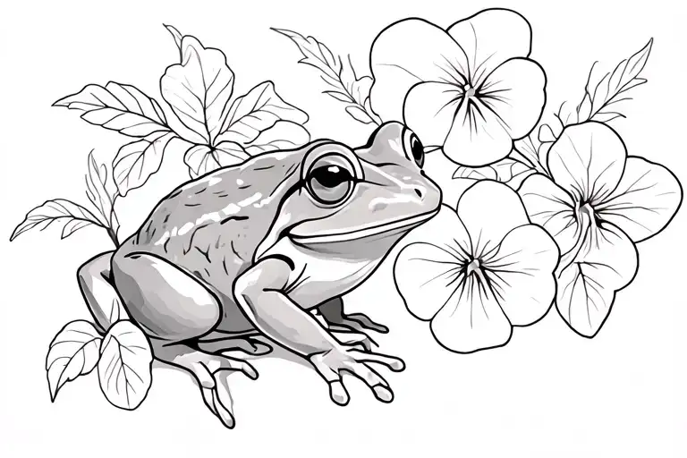 African Violet And Pansies And Tree Frog Playing