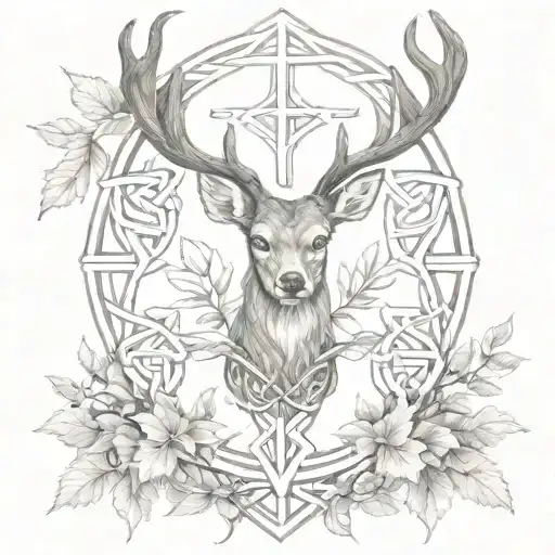Deer Head In The Middle Of A Celtic Cross Surround By Leaves